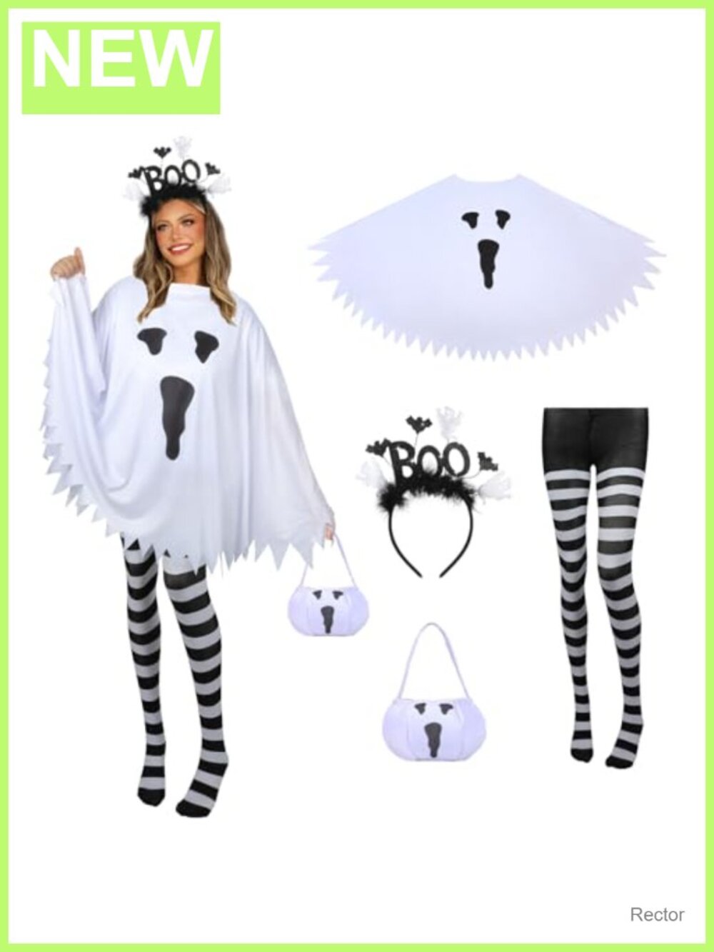 Women's Ghost Costume Set Poncho Tights Headband Candy Bag